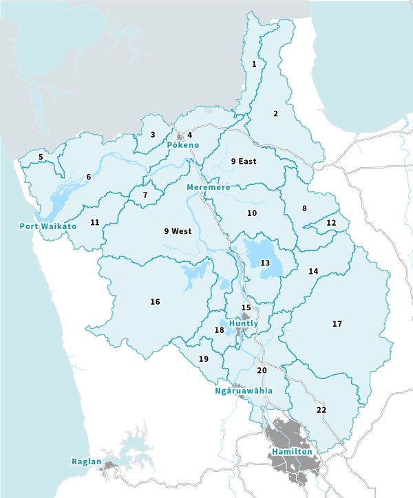 Image of a map showing all Lower Waikato river catchments