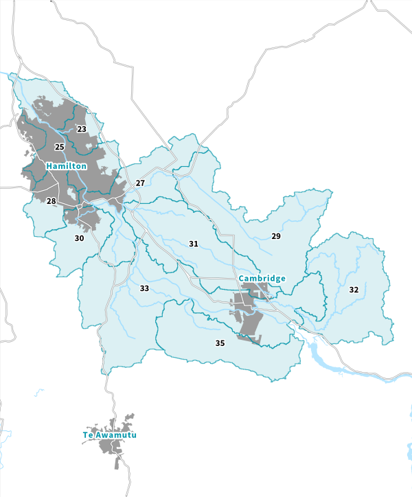 Image of a map showing all Middle Waikato river catchments