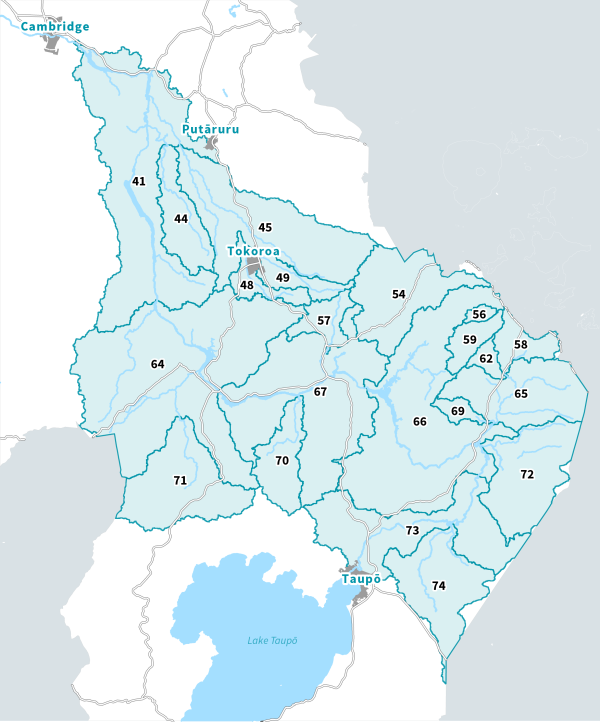 Image of a map showing all Upper Waikato river catchments