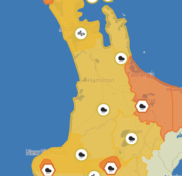 MetService map of part of the North Island showing the Waikato region under severe weather watch