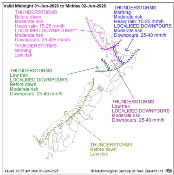 MetService map of New Zealand showing severe thunderstorm outlook from midnight Monday to midday Tuesday