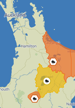 MetService map of part of the North Island showing a heavy rain watch for part of the Waikato region