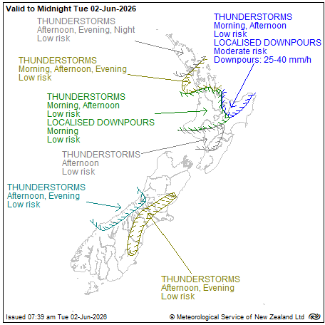 MetService map of New Zealand showing severe thunderstorm outlook to midnight Tuesday