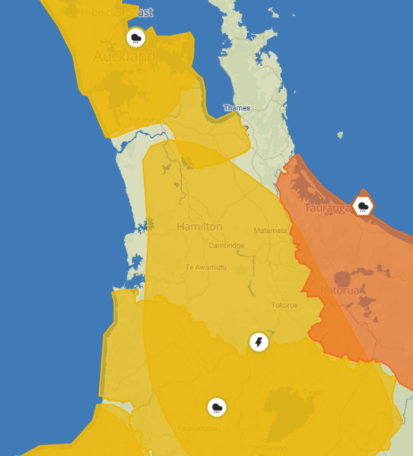 MetService map of part of the Waikato region under severe weather warnings