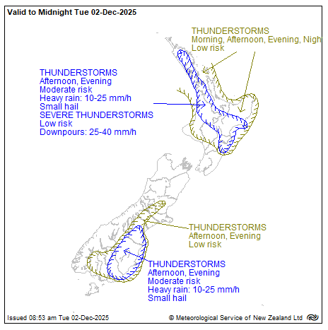 MetService map of New Zealand showing severe thunderstorm outlook to midnight Tuesday 