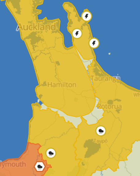 MetService map of part of the North Island under severe weather warnings and watches 