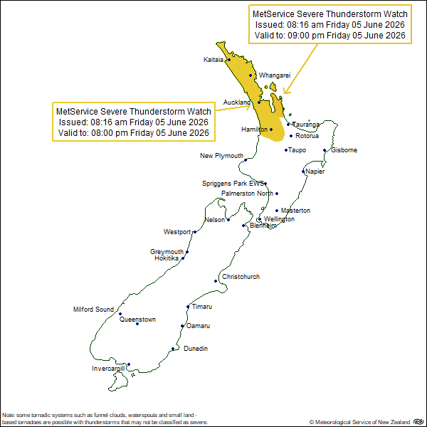 MetService map of New Zealand showing thunderstorm watch for Northland, Auckland and Waikato