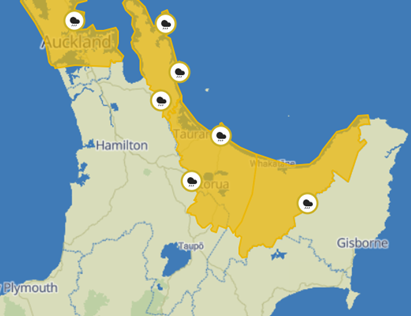 MetService map of part of the Waikato region under heavy rain watch