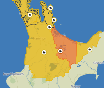 MetService map of part of the North Island under a Heavy Rain Watch or Warning