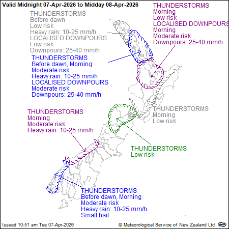 MetService map of New Zealand showing severe thunderstorm outlook from midnight Tuesday to midday Wednesday