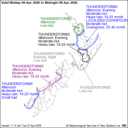 MetService map of New Zealand showing severe thunderstorm outlook from midday to midnight Wednesday