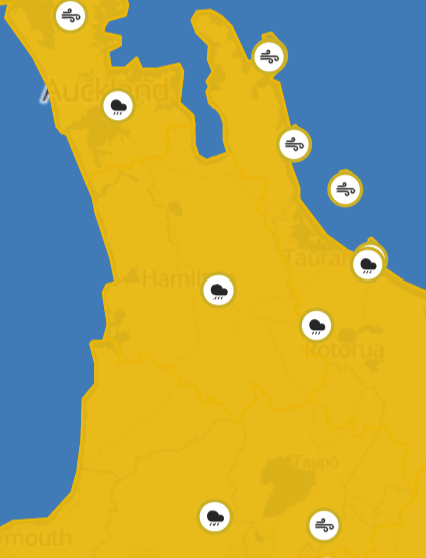 MetService map of part of the North Island under heavy rain and wind watches