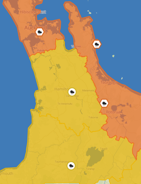 MetService map of part of the North Island under heavy rain watches and warnings