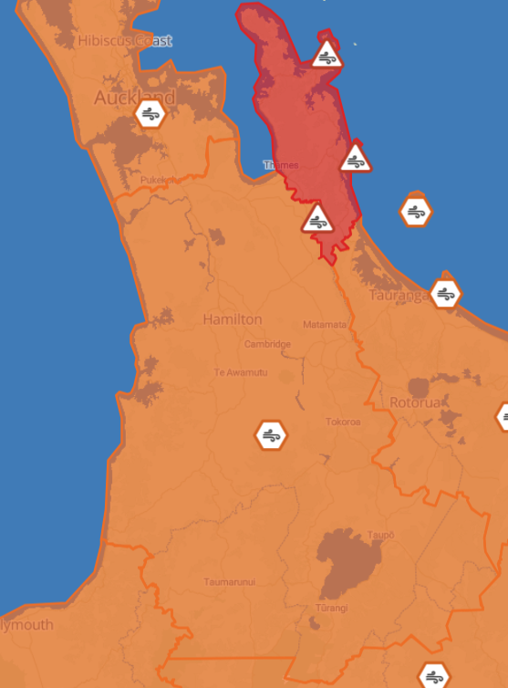 MetService map of part of the North Island under a Severe Wind Warning - Red
