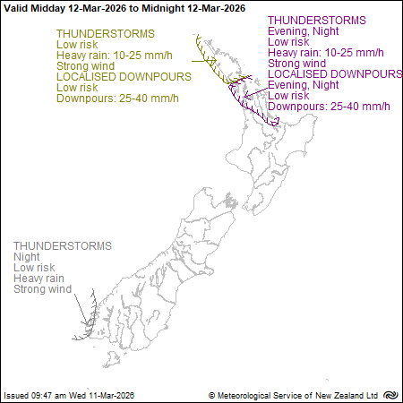 MetService map of New Zealand showing severe thunderstorm outlook from midday Thursday to midnight Thursday 
