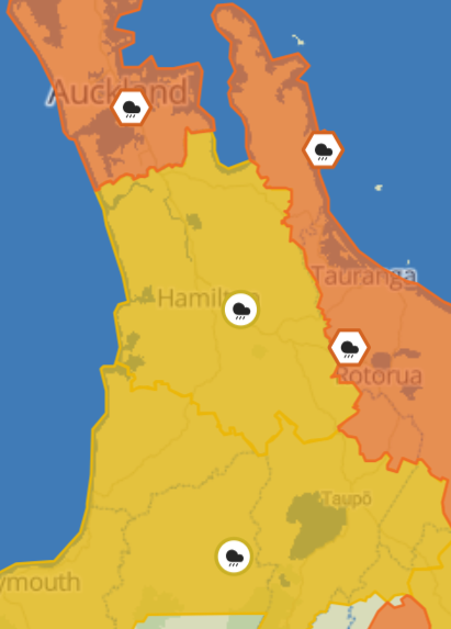 MetService map of part of the Waikato region under severe weather warnings and watches for rain