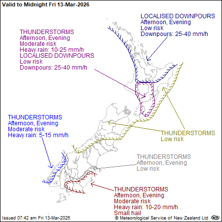 MetService map of New Zealand showing severe thunderstorm outlook to midnight Friday 