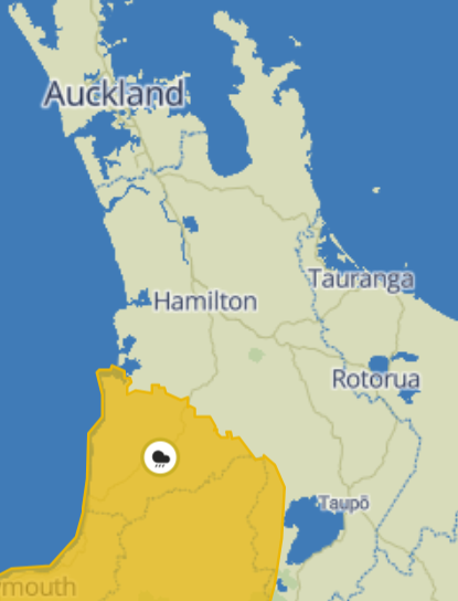 MetService map of part of the Waikato region under Heavy Rain Watch