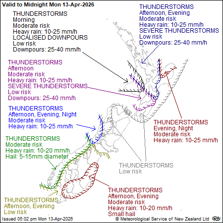 MetService map of New Zealand showing severe thunderstorm outlook to midnight Monday