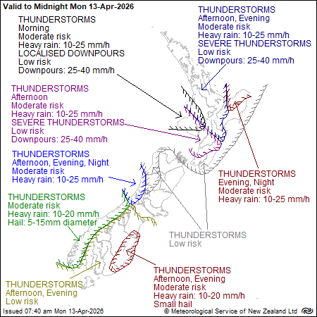 MetService map of New Zealand showing severe thunderstorm outlook to midnight Monday