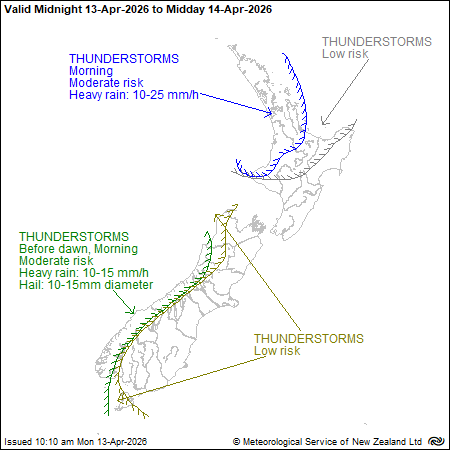 MetService map of New Zealand showing severe thunderstorm outlook from midnight Monday to noon Tuesday