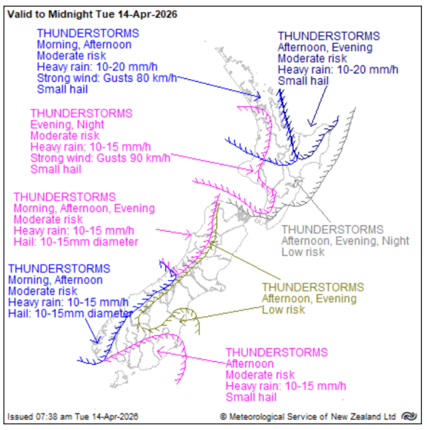 MetService map of New Zealand showing severe thunderstorm outlook to midnight Tuesday