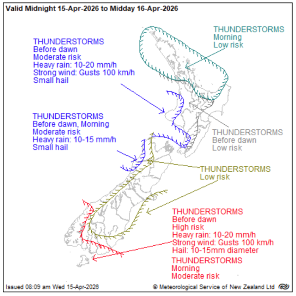 MetService map of New Zealand showing severe thunderstorm outlook from midnight Wednesday to midday Thursday