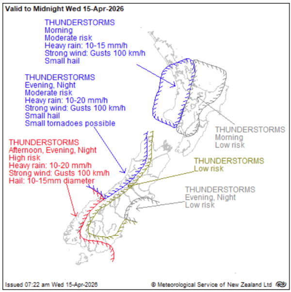 MetService map of New Zealand showing severe thunderstorm outlook to midnight Wednesday