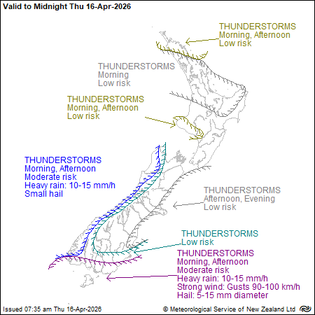 MetService map of New Zealand showing severe thunderstorm outlook to midnight Thursday