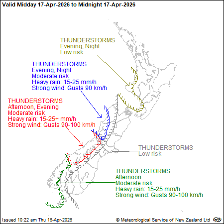 MetService map of New Zealand showing severe thunderstorm outlook from midday to midnight Friday