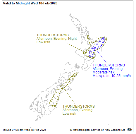 MetService map of New Zealand showing severe thunderstorm outlook to midnight Wednesday