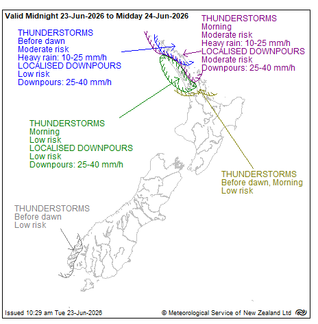 MetService map of New Zealand showing severe thunderstorm outlook from midnight Tuesday to midday Wednesday