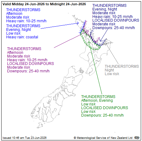 MetService map of New Zealand showing severe thunderstorm outlook from midday to midnight Wednesday