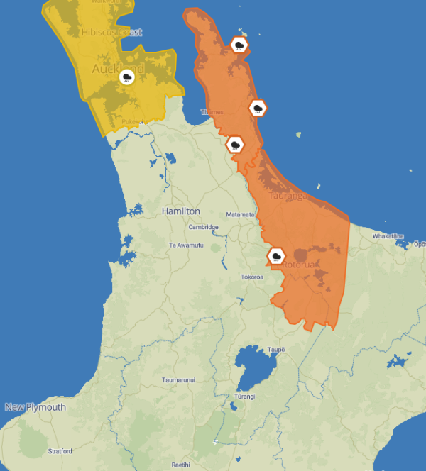MetService map of part of the North Island under a heavy rain warning