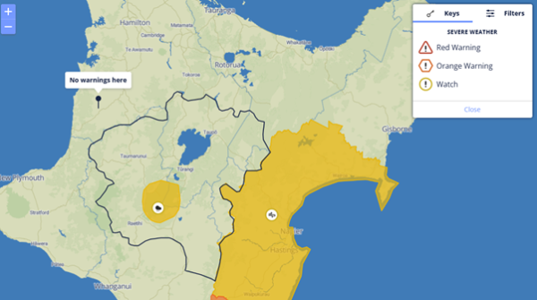 MetService map of part of the North Island showing a heavy rain watch (yellow) for Tongariro National Park