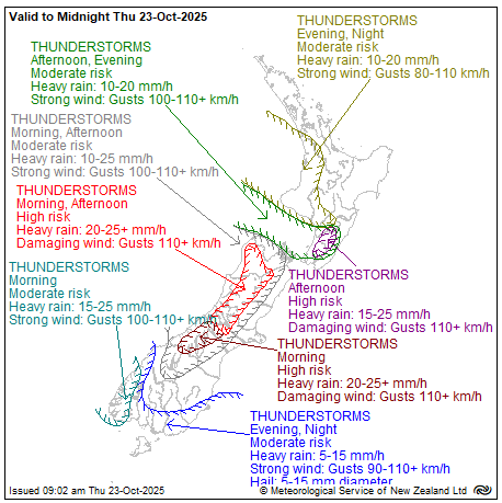 MetService map of New Zealand showing a moderate risk of severe thunderstorms for the Waikato region - valid to midnight Thursday