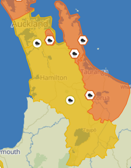 MetService map of part of the North Island under Heavy Rain Warnings and Watches