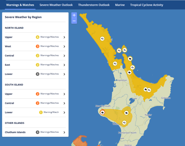 MetService map of part of the North Island showing the areas of the Waikato region under severe weather watch