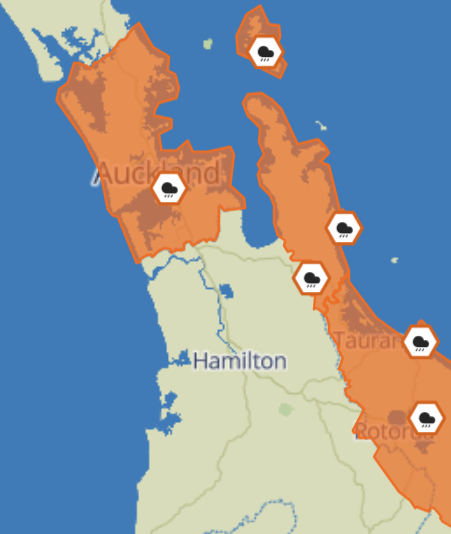 MetService map of part of the North Island under a Heavy Rain Warnings