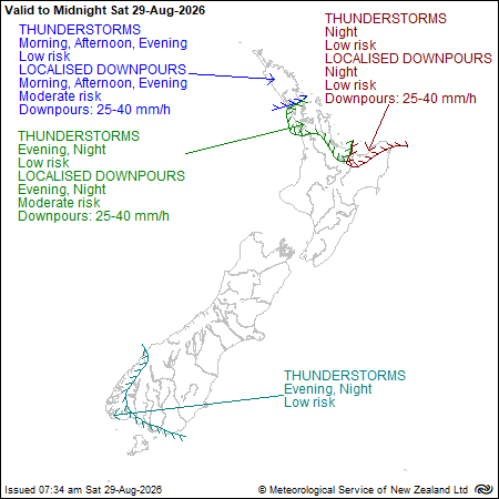 MetService map of New Zealand showing severe thunderstorm outlook to midnight Saturday