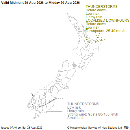 MetService map of New Zealand showing severe thunderstorm outlook to midday Sunday