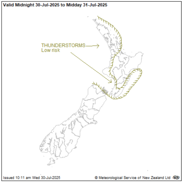 Map of New Zealand showing severe thunderstorm outlook from midday through to midday Thursday