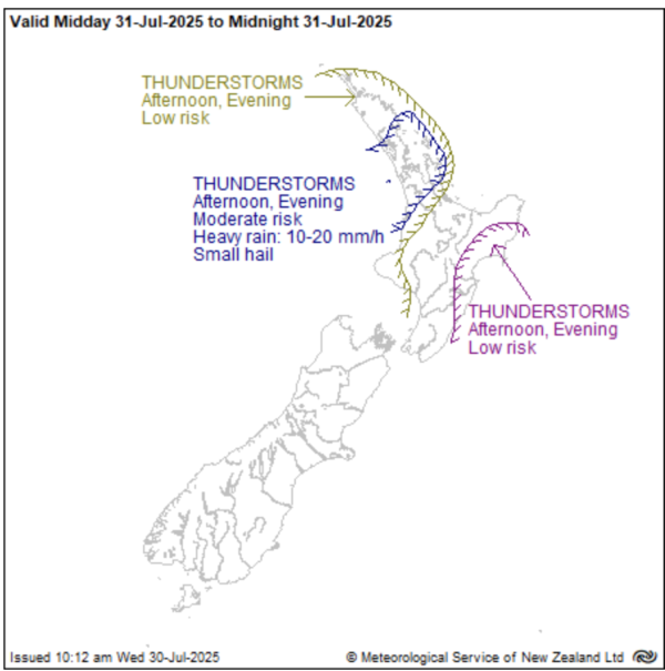 Map of New Zealand showing severe thunderstorm outlook through to midnight Thursday