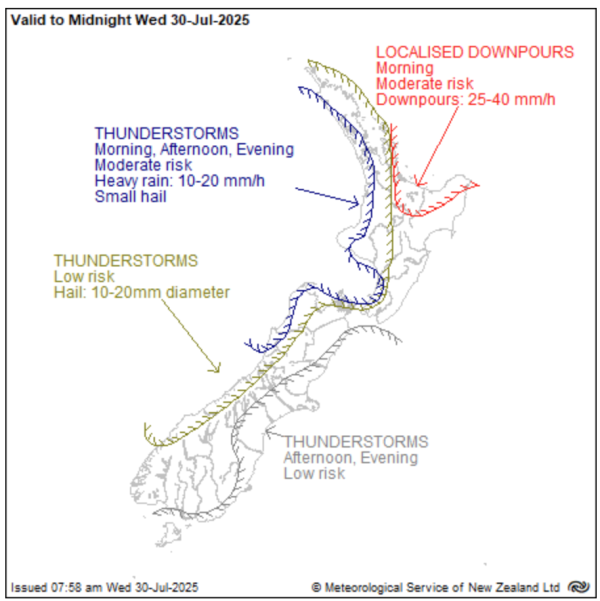 Map of New Zealand showing severe thunderstorm outlook through to midnight Wednesday