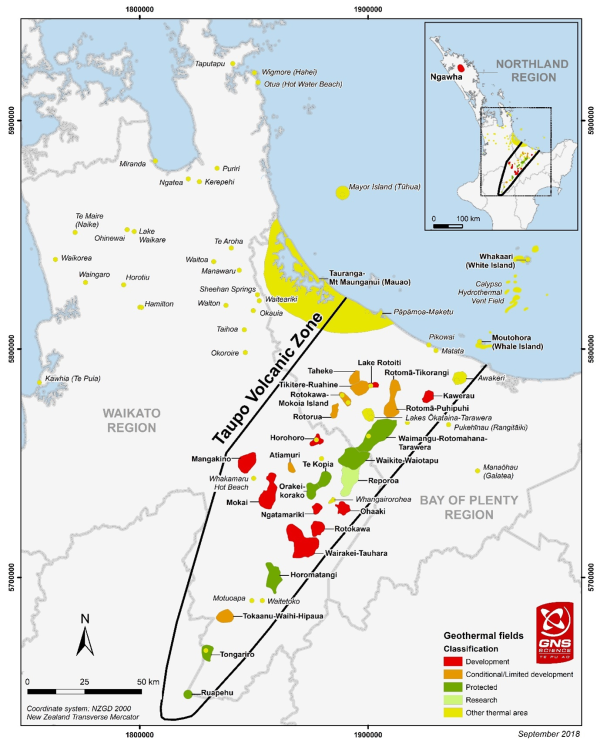Taupō Volcanic Zone map of geothermal areas in NZ