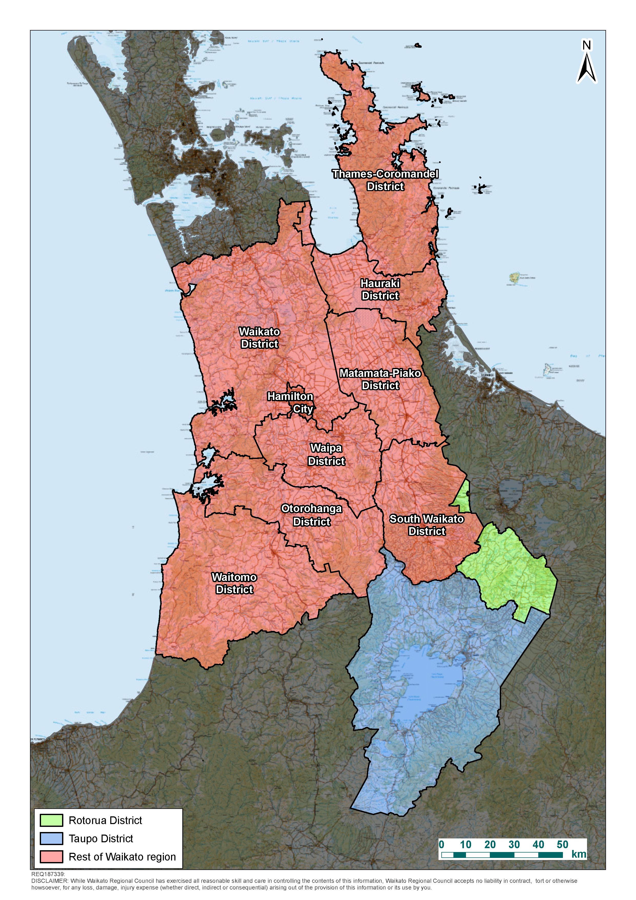 Map of Waikato region, delineating Taupo / Rotorua and rest of Waikato