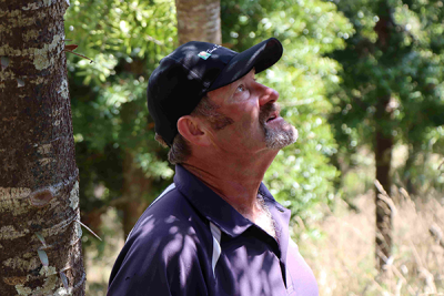 Farmer Ian surveys the efforts of his large scale planting initiative beneath the shade of one of his planted trees