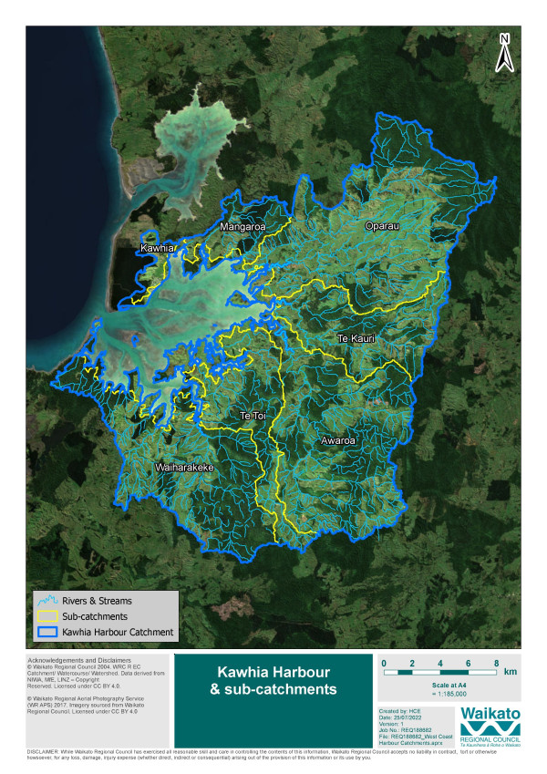 Map showing sub-regions of Kawhia catchment