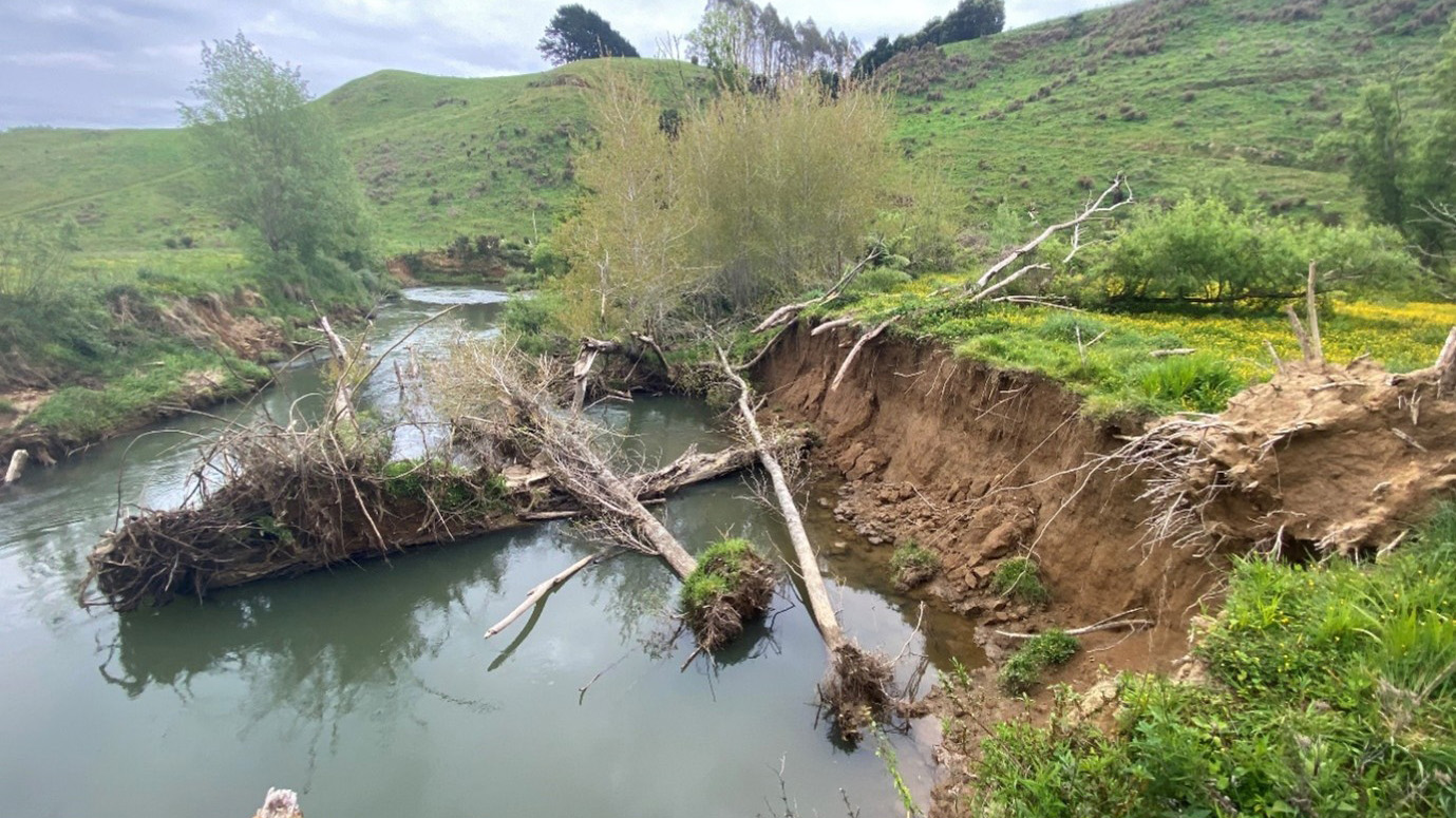 Moakurarua Stream damage, obstacles in channel, 2023.